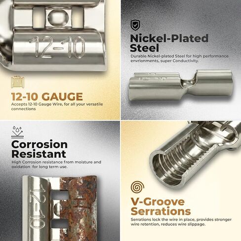 Sherco-Auto 100 Pcs Non-Insulated 12-10 Gauge Female Quick Disconnect Connector - .250 1/4" Stud Wire Terminal - Copper & V-Grooves Serrations for Strong Crimps & Corrosion Resistance - Made in USA in Saudi Arabia
