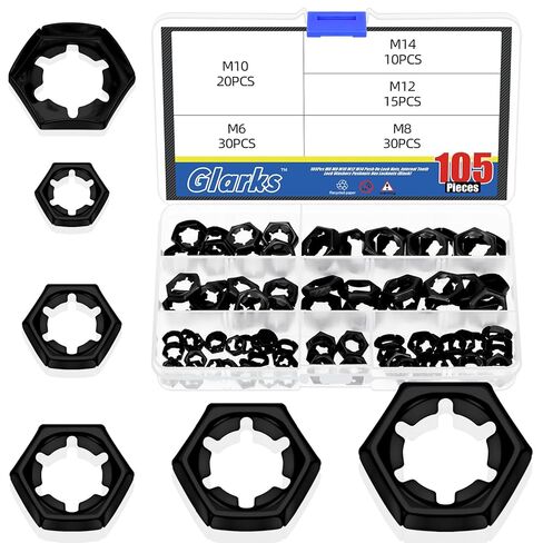 Glarks 105pcs M6 M8 M10 M12 M14 Push On Lock Nuts Assortment Kit, 65Mn Steel External Push Rings Nuts, Quick Speed Locking Nut, Internal Tooth Star Lock Nut for Shaft and Stud in Saudi Arabia