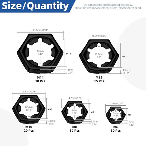 Glarks 105pcs M6 M8 M10 M12 M14 Push On Lock Nuts Assortment Kit, 65Mn Steel External Push Rings Nuts, Quick Speed Locking Nut, Internal Tooth Star Lock Nut for Shaft and Stud in Saudi Arabia