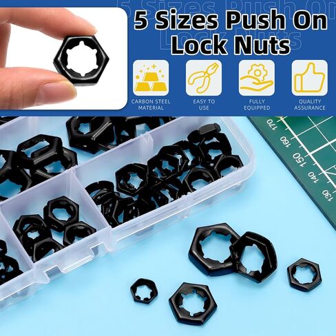 Glarks 105pcs M6 M8 M10 M12 M14 Push On Lock Nuts Assortment Kit, 65Mn Steel External Push Rings Nuts, Quick Speed Locking Nut, Internal Tooth Star Lock Nut for Shaft and Stud in Saudi Arabia