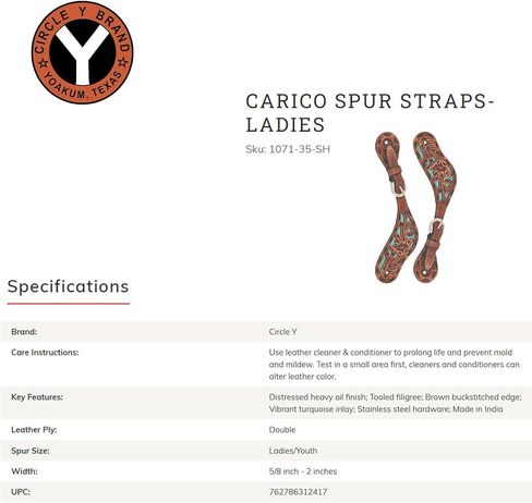 Reinsman Circle Y Women & Youth Carico Spur Straps | Tooled Leather Western Spur Straps with Turquoise Inlay, Buckstitching & Stainless Hardware | Distressed Heavy Oil Finish in Saudi Arabia