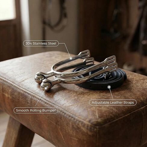Women's English Roller Ball Bumper Spurs Set - 304 Stainless Steel Riding Spurs with 1.2 Inch Neck & Leather Straps for Equestrian, Trail Riding and Western Shows (3.7 Inch Arch, 6.0 oz) in Saudi Arabia