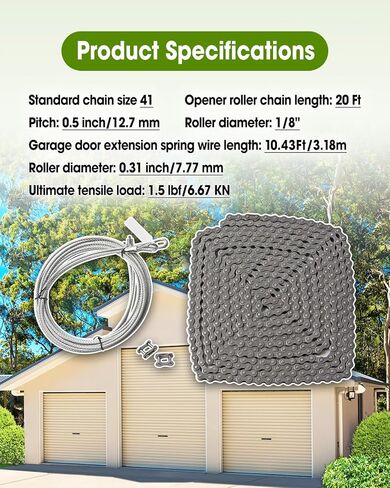 #41 20 ft Roller Chain with 2 Connecting Links and Cable for Gate Openers, Carbon Steel Door Opener Chain for Garage Overhead Gates Hanger Door Automatic Sliding Gate Replacement Karts Bike in Kuwait