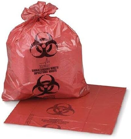 37" x 50" x 1.3 mil 44 Gallon Red Plastic Biohazard Infectious Waste Can Liners, Made in USA (roll of 15 bags) in Kuwait