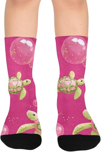 جوارب للمشي لمسافات طويلة باللون الأخضر على شكل سلاحف البحر الوردية - جوارب شتوية حرارية سميكة دافئة للأولاد والبنات للمدرسة، والارتداء اليومي والأنشطة الخارجية in Kuwait