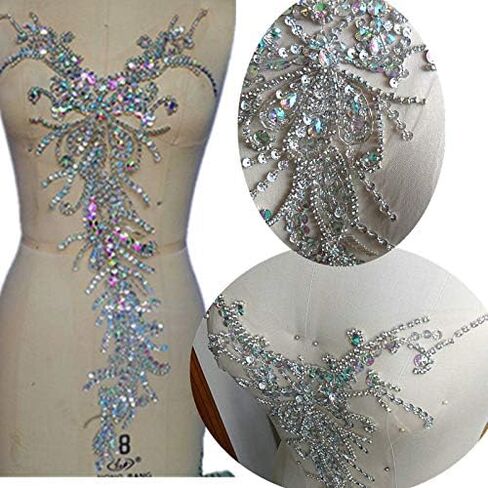 رائع يدويًا مصنوعًا يدويًا AB اللون الراين البلوري تقليم الخياطة زهرة محررة على تصاميم الأزياء لزفاف الفساتين DIY بقع ديكور 28x58 سم (AB) in Kuwait