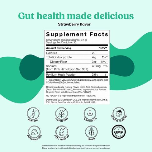 مسحوق قشر سيلليوم من كولونبروم (الفراولة) - تطهير القولون لتخفيف الانتفاخ وصحة الأمعاء - مشروب مسحوق ألياف مكنسة القولون - نباتي، خالي من الغلوتين، مكمل مسحوق الألياف غير المعدلة وراثيًا، 30 وجبة in Kuwait