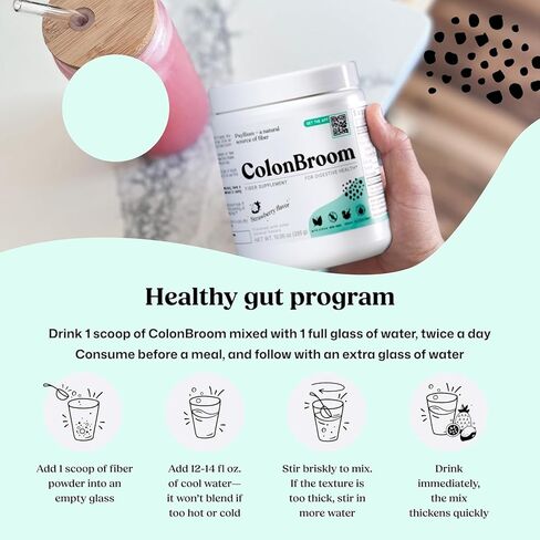 مسحوق قشر سيلليوم من كولونبروم (الفراولة) - تطهير القولون لتخفيف الانتفاخ وصحة الأمعاء - مشروب مسحوق ألياف مكنسة القولون - نباتي، خالي من الغلوتين، مكمل مسحوق الألياف غير المعدلة وراثيًا، 30 وجبة in Kuwait