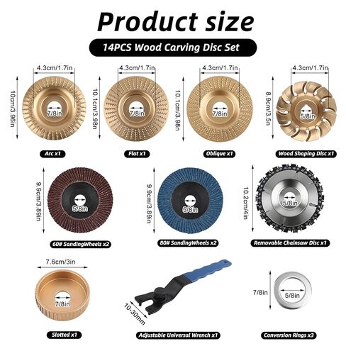مجموعة أقراص نحت الخشب 14 قطعة لمطحنة زاوية 4 بوصة أو 4 1/2 بوصة، قرص عجلة طحن أداة جذعية مع حلقة محول ومفتاح ربط 5/8 بوصة، ملحقات مطحنة النجارة لقطع تشكيل النحت وتلميع الصنفرة in Kuwait