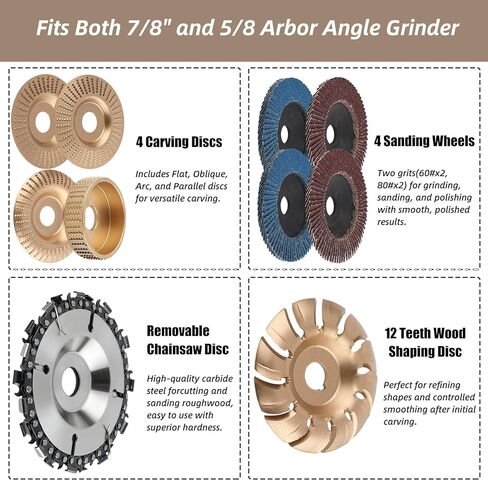 مجموعة أقراص نحت الخشب 14 قطعة لمطحنة زاوية 4 بوصة أو 4 1/2 بوصة، قرص عجلة طحن أداة جذعية مع حلقة محول ومفتاح ربط 5/8 بوصة، ملحقات مطحنة النجارة لقطع تشكيل النحت وتلميع الصنفرة in Kuwait