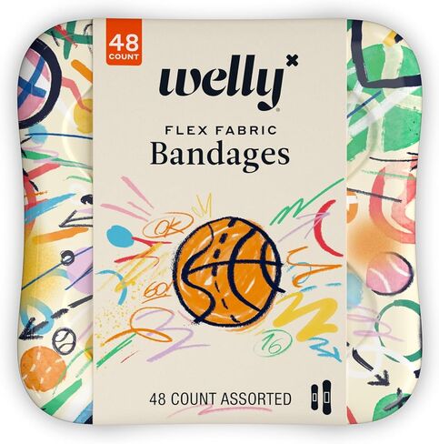 Welly Bandages | Adhesive Flexible Fabric Bravery Badges | Assorted Shapes for Minor Cuts, Scrapes, and Wounds | Colorful and Fun First Aid Tin | Sports Patterns - 48 Count in Kuwait