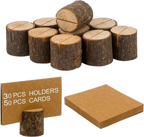 Wood Place Card Holders, 30Pcs Rustic Wooden Table Number Holders and 50Pcs Kraft Place Cards, Wood Photo Picture Holder for Wedding Party Table Name and More in Kuwait