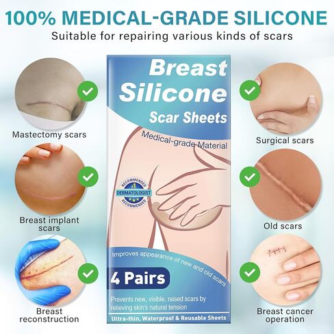 أوراق ندبات سيليكون ناعمة للثدي، أوراق ندبات سيليكون قابلة للتنفس للندبات الجراحية، أوراق ندبات سيليكون رفيعة للغاية للتخلص من الندبات بعد الجراحة، شريط طبي مرن، 4 أزواج in Kuwait