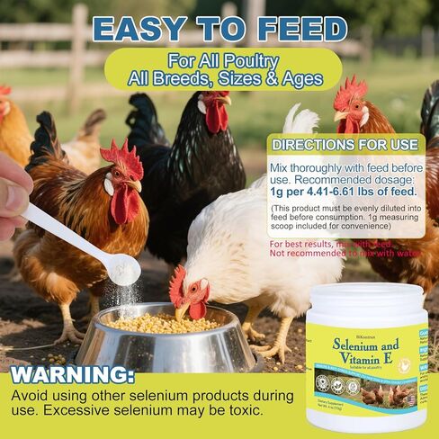 مسحوق السيلينيوم وفيتامين هـ للدجاج، السيلينيوم للدجاج، جهاز المناعة، دعم العضلات ومنعها، تحسين الرقبة الملتوية، السيلينيوم، مكملات فيتامين هـ، مناسب لجميع الدواجن والدجاج والمزيد in Kuwait