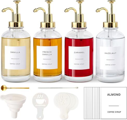 Coffee Syrup Dispenser for Bar, Glass Syrup Bottle with Pump, Coffee Pump Dispenser Bottle with Tray, Spoon for Station,16.9 oz, 500 ml in Kuwait