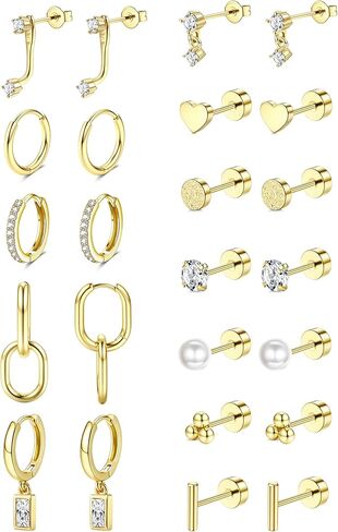 BESTEEL 12 Pairs Hypoallergenic Flat Back Earrings for Women - 14K Gold Stainless Surgical Steel Cartilage Earring Stacks Set Small Tragus Conch Daith Helix Piercing Jewelry Dangle Stud Hoops Silver in Kuwait