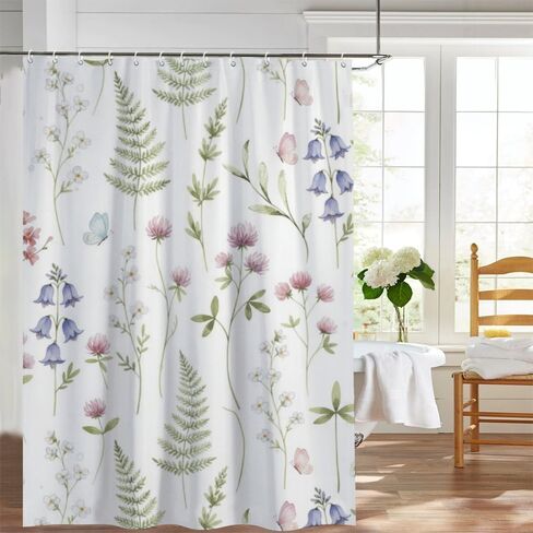 ستارة دش Bellflower Motif Stall مع خطافات، ستارة دش طبيعية مقاومة للماء للصيف، ستائر بوهو من القماش قابلة للغسل لحوض الاستحمام وديكور الحمام القديم 60 × 72 بوصة in Kuwait