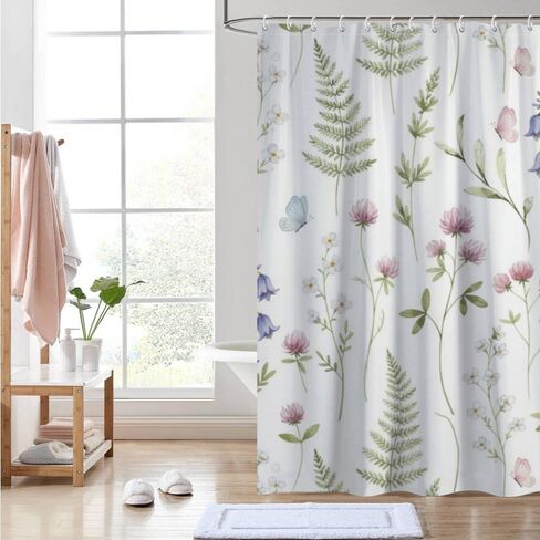 ستارة دش Bellflower Motif Stall مع خطافات، ستارة دش طبيعية مقاومة للماء للصيف، ستائر بوهو من القماش قابلة للغسل لحوض الاستحمام وديكور الحمام القديم 60 × 72 بوصة in Kuwait