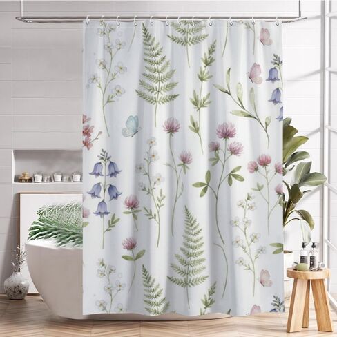 ستارة دش Bellflower Motif Stall مع خطافات، ستارة دش طبيعية مقاومة للماء للصيف، ستائر بوهو من القماش قابلة للغسل لحوض الاستحمام وديكور الحمام القديم 60 × 72 بوصة in Kuwait