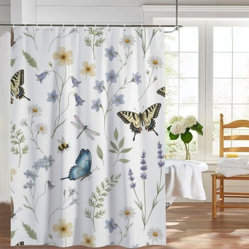 النحل أنماط الأزهار خمر ستارة دش مع السنانير، الصيف للماء لطيف ستارة دش السنانير، قابل للغسل النسيج عطلة ستائر ريفي لحوض الاستحمام الحد الأدنى ديكور للحمام 48 × 72 في in Kuwait