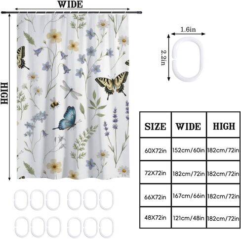 النحل أنماط الأزهار خمر ستارة دش مع السنانير، الصيف للماء لطيف ستارة دش السنانير، قابل للغسل النسيج عطلة ستائر ريفي لحوض الاستحمام الحد الأدنى ديكور للحمام 48 × 72 في in Kuwait