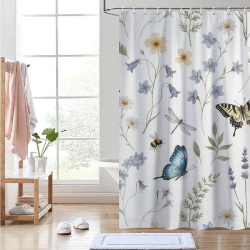 النحل أنماط الأزهار خمر ستارة دش مع السنانير، الصيف للماء لطيف ستارة دش السنانير، قابل للغسل النسيج عطلة ستائر ريفي لحوض الاستحمام الحد الأدنى ديكور للحمام 48 × 72 في in Kuwait