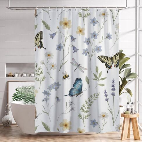 النحل أنماط الأزهار خمر ستارة دش مع السنانير، الصيف للماء لطيف ستارة دش السنانير، قابل للغسل النسيج عطلة ستائر ريفي لحوض الاستحمام الحد الأدنى ديكور للحمام 48 × 72 في in Kuwait