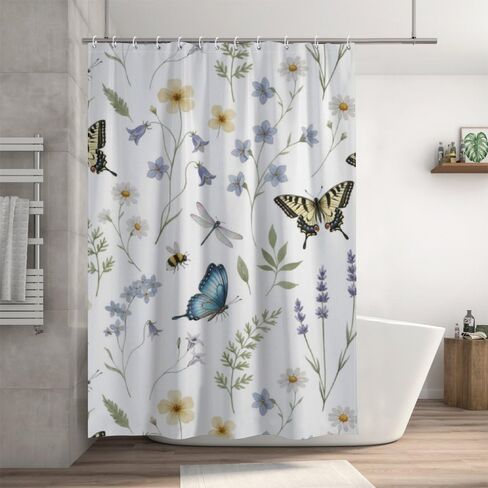 النحل أنماط الأزهار خمر ستارة دش مع السنانير، الصيف للماء لطيف ستارة دش السنانير، قابل للغسل النسيج عطلة ستائر ريفي لحوض الاستحمام الحد الأدنى ديكور للحمام 48 × 72 في in Kuwait