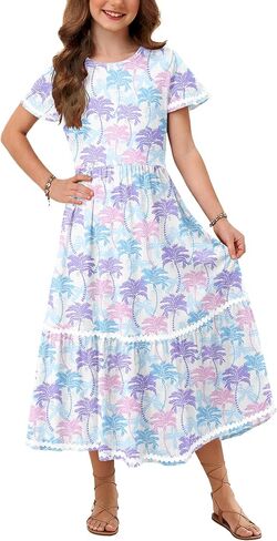 Remimi Girls Summer Short Sleeve Dress Casual Flowy Maxi Dresses 5-14 Years in Saudi Arabia