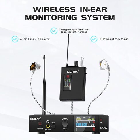 Wireless In-Ear Monitor System, Pro UHF Stereo/Mono IEM for Musicians with Metal Transmitter & Rechargeable Receiver, 10 Selectable Frequencies, TFT display, 164 ft Range for Studio, Band, and Stage in Kuwait