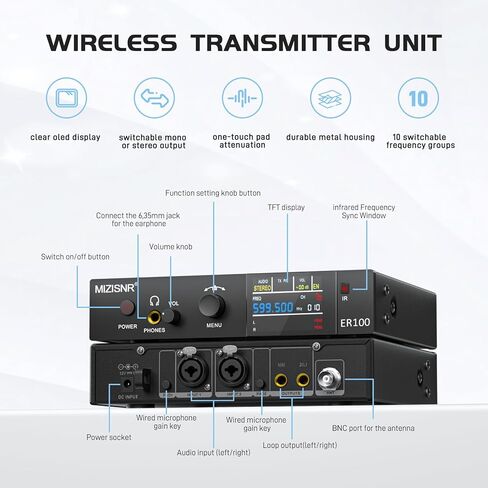 Wireless In-Ear Monitor System, Pro UHF Stereo/Mono IEM for Musicians with Metal Transmitter & Rechargeable Receiver, 10 Selectable Frequencies, TFT display, 164 ft Range for Studio, Band, and Stage in Kuwait