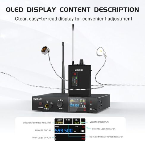 Wireless In-Ear Monitor System, Pro UHF Stereo/Mono IEM for Musicians with Metal Transmitter & Rechargeable Receiver, 10 Selectable Frequencies, TFT display, 164 ft Range for Studio, Band, and Stage in Kuwait