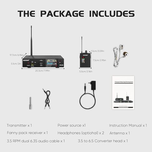 Wireless In-Ear Monitor System, Pro UHF Stereo/Mono IEM for Musicians with Metal Transmitter & Rechargeable Receiver, 10 Selectable Frequencies, TFT display, 164 ft Range for Studio, Band, and Stage in Kuwait