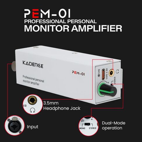Kadence PEM-01 in-Ear Personal Monitor Amplifier (Wired), XLR/TRS Inputs, Stereo/Mono Switch, USB-C Power, Rigid Metal Body, 12-Hour Portable Runtime, Metal Belt Clip in Kuwait