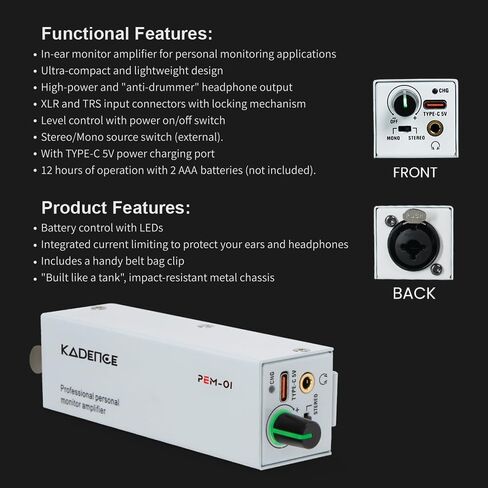 Kadence PEM-01 in-Ear Personal Monitor Amplifier (Wired), XLR/TRS Inputs, Stereo/Mono Switch, USB-C Power, Rigid Metal Body, 12-Hour Portable Runtime, Metal Belt Clip in Kuwait