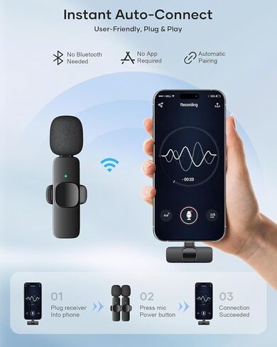 ميكروفون لاسلكي صغير الحجم لأجهزة iPhone iPad وAndroid Phone والكمبيوتر المحمول، ميكروفون صغير قابل للتوصيل مع تقليل الضوضاء، تشغيل ميكروفون على شكل طية صدر السترة للمقابلة، فيديو بودكاست، مدونة فيديو، YouTube TikTok in Kuwait