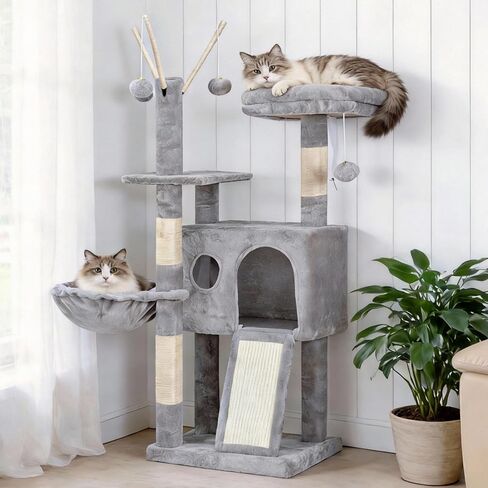 Hey-brother Cat Tree Tower, Scratching Posts with Removable Toys, Cozy Condo, Platform, Hammock, Sisal Scratch Board and Ball for Indoor Kittens, 41.3 Inches, Light Gray MPJ008SW in Kuwait