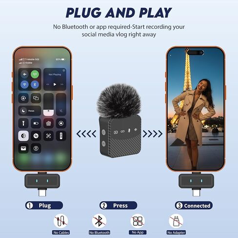 ميكروفون Lavalier لاسلكي لأجهزة iPhone وAndroid، ميكروفون صغير مزود بمشبك لتقليل الضوضاء مع علبة شحن، ومراقبة سماعة الرأس، وتوافق واسع للتسجيل ومدونات الفيديو in Kuwait