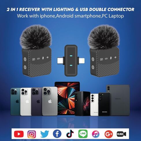 ميكروفون Lavalier لاسلكي لأجهزة iPhone وAndroid، ميكروفون صغير مزود بمشبك لتقليل الضوضاء مع علبة شحن، ومراقبة سماعة الرأس، وتوافق واسع للتسجيل ومدونات الفيديو in Kuwait