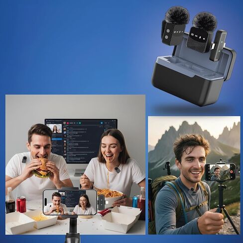 ميكروفون Lavalier لاسلكي لأجهزة iPhone وAndroid، ميكروفون صغير مزود بمشبك لتقليل الضوضاء مع علبة شحن، ومراقبة سماعة الرأس، وتوافق واسع للتسجيل ومدونات الفيديو in Kuwait