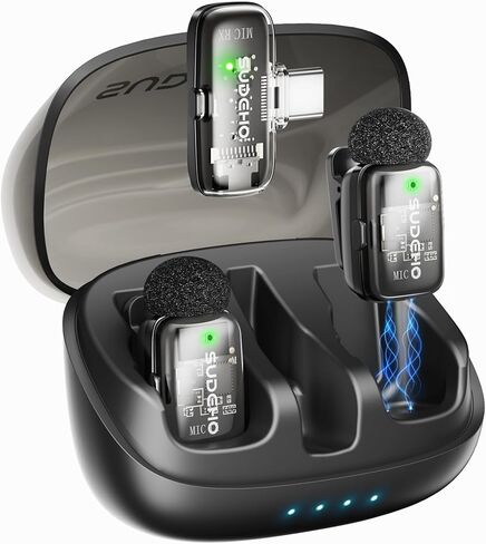 ميكروفونات Lavalier صغيرة لاسلكية لأجهزة iPhone iPad Android مع علبة شحن، وميكروفون USB C ذو طية صدر السترة مع تقليل الضوضاء ووضع تغيير الصوت لتسجيل الفيديو ومدونات الفيديو ومقابلة YouTube والدردشة أثناء اللعب in Kuwait