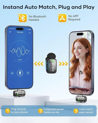 ميكروفونات Lavalier صغيرة لاسلكية لأجهزة iPhone iPad Android مع علبة شحن، وميكروفون USB C ذو طية صدر السترة مع تقليل الضوضاء ووضع تغيير الصوت لتسجيل الفيديو ومدونات الفيديو ومقابلة YouTube والدردشة أثناء اللعب in Kuwait