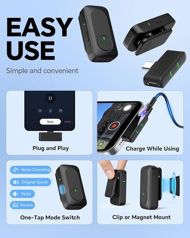 ميكروفون لافالير لاسلكي لهواتف iPhone/Android/الكمبيوتر المحمول/الكمبيوتر الشخصي، ميكروفون صغير على شكل طية صدر السترة مع علبة شحن بعمر بطارية 50 ساعة، نطاق 100 قدم وتقليل الضوضاء، لتسجيل الفيديو والبث وتيك توك in Kuwait