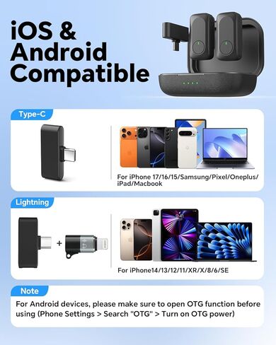 ميكروفون لافالير لاسلكي لهواتف iPhone/Android/الكمبيوتر المحمول/الكمبيوتر الشخصي، ميكروفون صغير على شكل طية صدر السترة مع علبة شحن بعمر بطارية 50 ساعة، نطاق 100 قدم وتقليل الضوضاء، لتسجيل الفيديو والبث وتيك توك in Kuwait