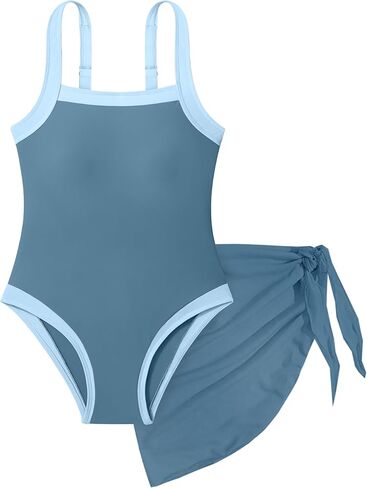 CRISONE ملابس سباحة للفتيات لون سادة قابل للتعديل حزام سميك قطعة واحدة لباس سباحة مع تنورة تغطية ملابس سباحة للفتيات 9-16 سنة in Kuwait