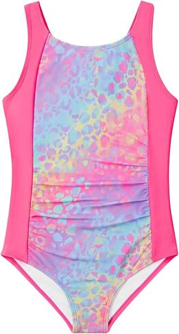 Haloumoning Girl Swimsuit Kids Ruched Adjustable Straps One Piece Bathing Suit Cute Printed Quick Dry Swimwear 5-14 Years in Saudi Arabia