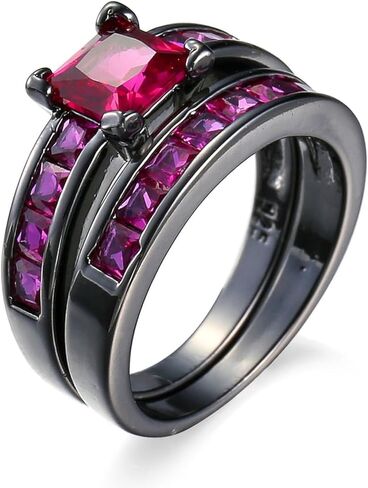 2in1 Retro Black Halo Princess Cut Created Pink Topaz Ruby Amethyst Cubic Zirconia Wedding Engagement Eternity Square Rings Set Women's Band Vintage for Bridal Mom Lover in Saudi Arabia