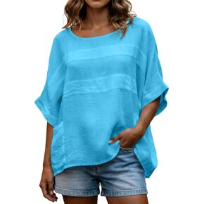 Linen Shirts for Women 3/4 Sleeve Loose Oversized T Shirts Summer Solid Color Tshirts Vacation Travel Outfits Pockets in Kuwait