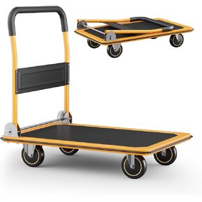 عربة دفع قابلة للطي دوللي | 660 رطلا. القدرة | شاحنة يدوية بمنصة متحركة شديدة التحمل بعجلات دوارة | عربة مسطحة صغيرة | مقبض دفع موفر للمساحة - أصفر in Kuwait