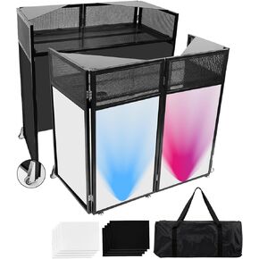 2026 Upgraded DJ Booth with Wheels, 44x20x50Inch DJ Facade with Replaceable White and Black Scrims, Foldable Portable Design DJ Table Stand with Carry Bag, for Party, Event, Wedding in Kuwait